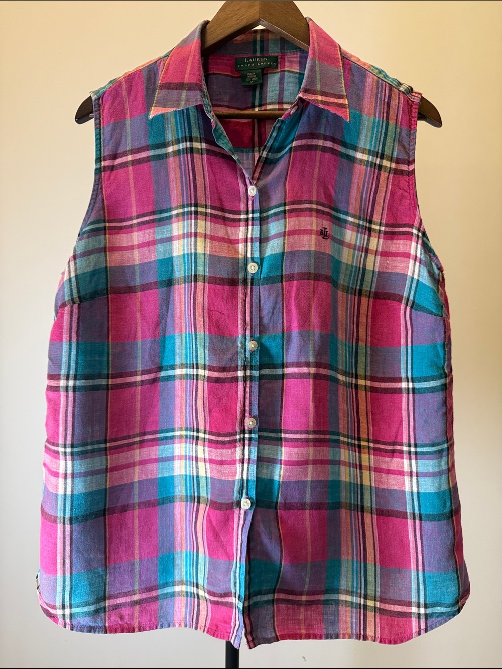 Lauren Ralph Lauren 100% Linen Sleeveless Plaid Madras Button Down Top | Size L